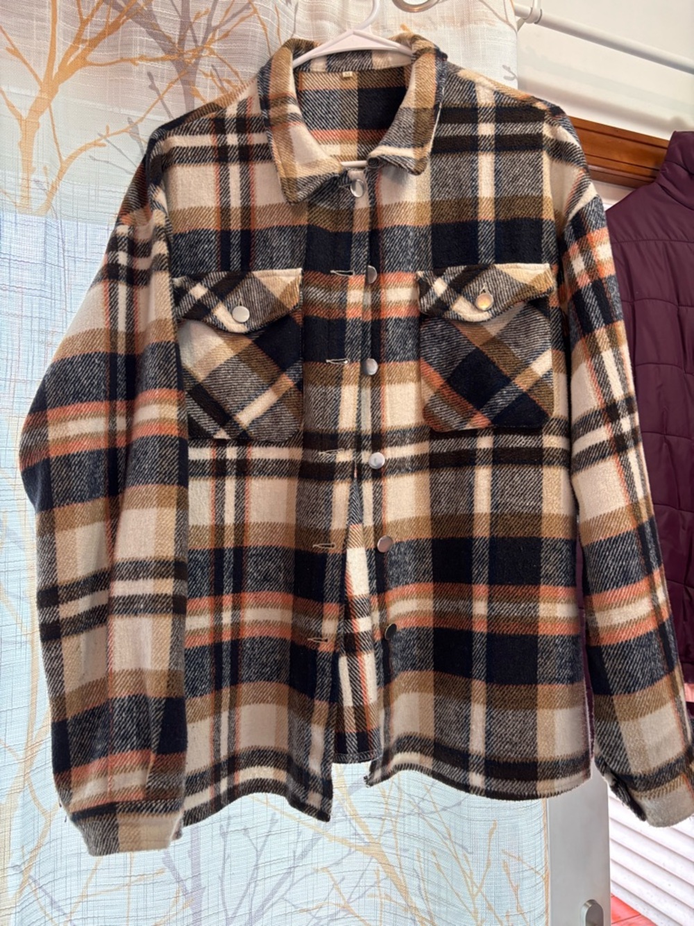 Plaid Button-Front Shacket in Cream and Brown